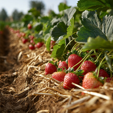 closeup-organic-strawberries-growing-farm-with-straw-mulch-protecting-plants 1