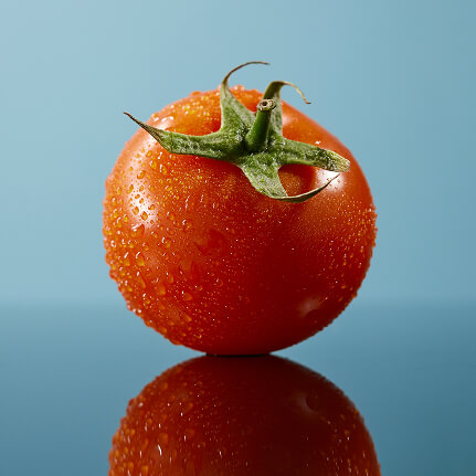 single-red-tomato-with-water-drops-isolated-glossy-blue-background-full-depth-field 1
